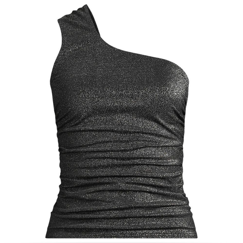 Land's End Tankini chlorine resist Shirred one shoulder top black shine 10 - Picture 2 of 5